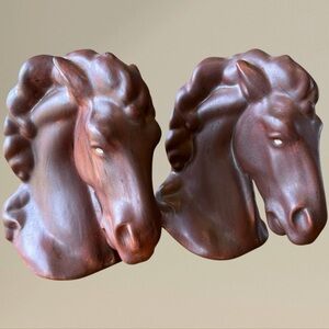 MCM Pair Ceramic Horse Head Bookends Trojan Horse Art Deco Brown Glaze Signed